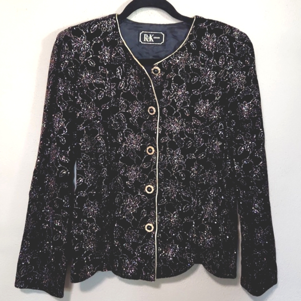 Vintage R & K Evening Black Velvet Multicolored Sparkling Fitted Jacket Size 8